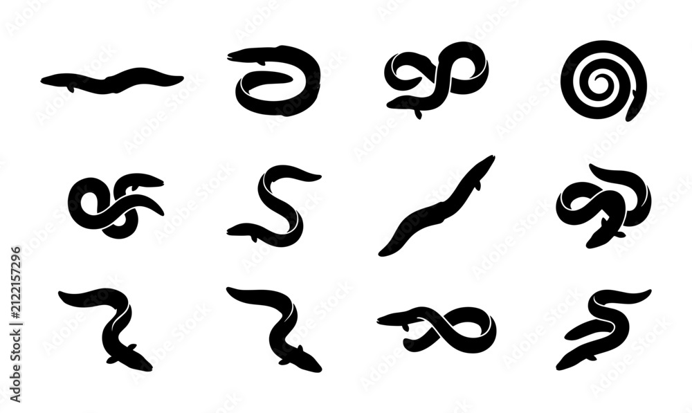 Fototapeta premium Set of 12 Black Eel Silhouettes, Aquatic Wildlife Vector Icons, Marine Animal Shapes for Science and Nature Designs