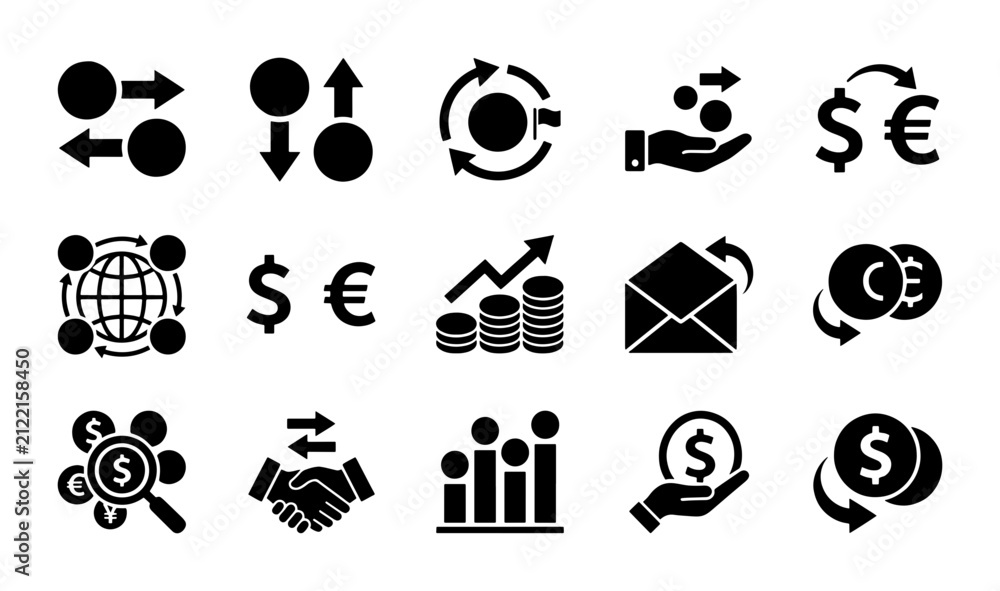 Obraz premium Business Finance Icons Set: Money Exchange, Investment Growth, Global Transactions, and Financial Transactions Vector Graphics