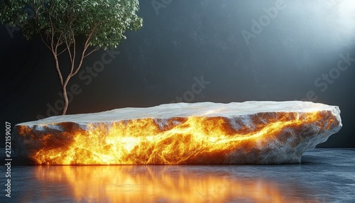 A radiant stone platform glows warmly, set against a dark wall and a small tree. Ideal for product showcase, adding drama and visual interest to any design.