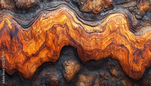 A detailed, abstract rock formation shows layers of gold, amber, and gray. Use as a background or texture for design, natural science, and geology projects.