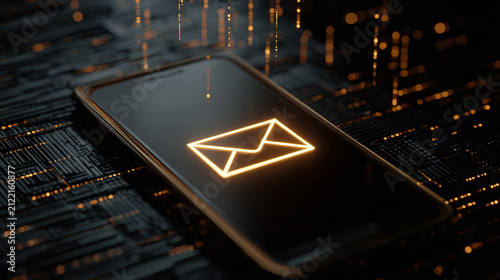 Glowing golden email icon displayed on a modern smartphone screen against a dark digital textured background