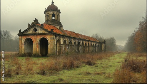 Overcast view of ruined building with arches and dome, overgrown with plants. Use for history, decay, architecture, or mysterious story concepts.