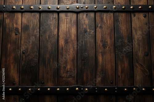 Old wooden planks with dark stains and riveted metal straps. Use as background for websites, menus, or graphic design projects.