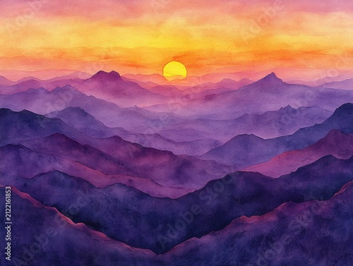 Watercolor sunrise over purple mountains artistic rendition. Great for backgrounds, posters, web design, or any other project.