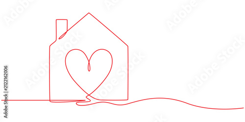Heart inside house continuous one line drawing vector, love house minimal outline design, Continuous one line drawing Continuous line drawing, home and heart connection, love house symbol, real estate