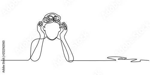 Continuous one line drawing of a woman with confused feelings worried about bad mental health. Problems, stress, woman with confused feelings worried continuous one line drawing, Continuous line drawn