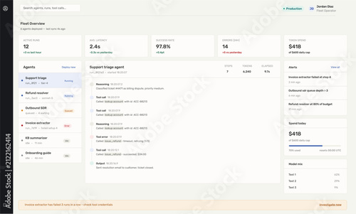 Modern AI Agent Operations dashboard interface with analytics cards, workflow timeline, performance monitoring, SaaS admin panel, enterprise software UI, business intelligence dashboard, alert system