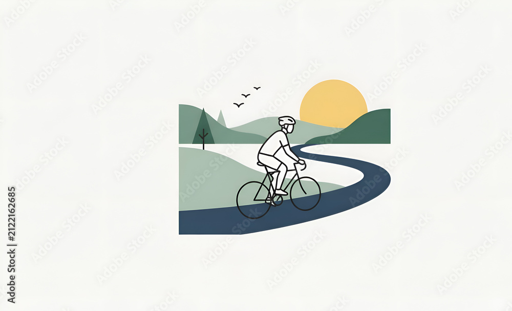Fototapeta premium Minimalist vector illustration of a cyclist riding on a scenic road through green hills at sunrise