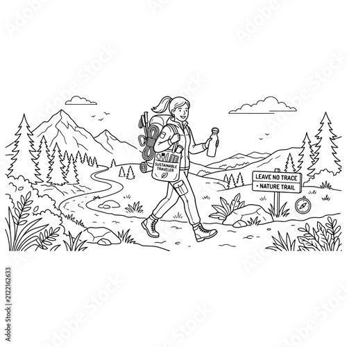 Sustainable Tourism Concept Line Art Coloring Page Featuring Eco Friendly Hiker with Reusable Bottle and Hiking Gear in Nature
