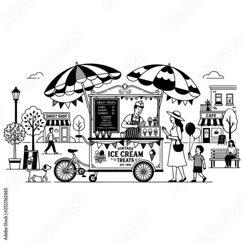 Vintage Ice Cream Cart Line Art Coloring Page with Vendor, Customers, Street Scene, Cafe, and Sweet Shop