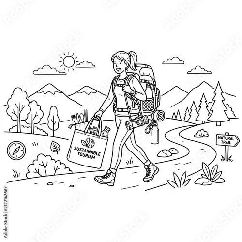 Sustainable Tourism Line Art Illustration of Female Hiker Carrying Eco Friendly Bag and Backpacking in Nature