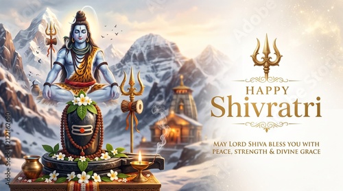 Sacred Lord Shiva meditation on Himalayan mountain with Shivling temple and devotional festival artwork for Maha Shivratri celebration