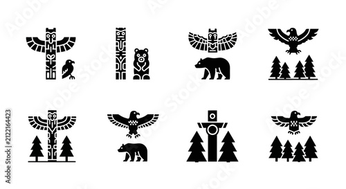Indigenous totem pole and animal spirit icons set.