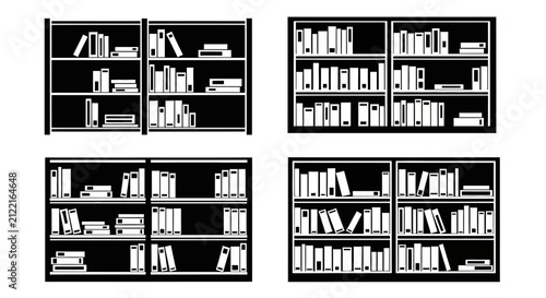 Library bookshelf silhouette icons.