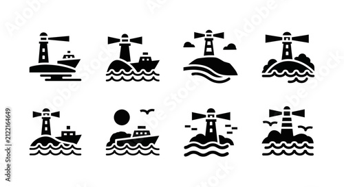 Lighthouse and nautical vessel icon set with ocean waves.