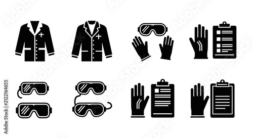 Laboratory safety equipment and protective gear icons.