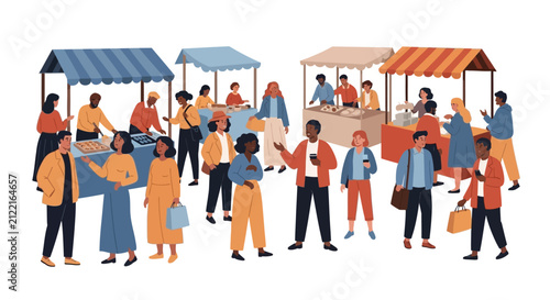 Lively outdoor market scene with stalls.