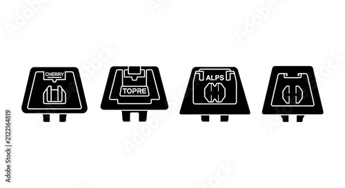 Mechanical keyboard switch mount technical silhouette icons.