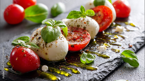 Fresh caprese salad appetizer featuring ripe red tomatoes mozzarella cheese balls and green basil leaves arranged