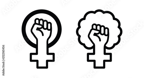 Fotografie Female Symbol With Raised Fist Silhouette Black Line Art On White Background