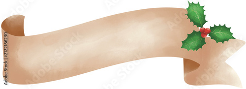 Fotografie Light Brown Watercolor Blank Christmas Ribbon Banner Scroll with Berries and Hol