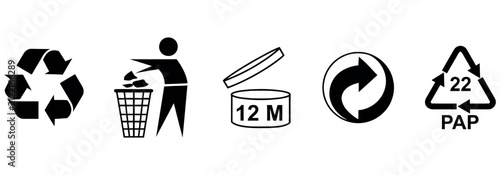 Set of black packaging icons featuring recycling symbols and product shelf life indicators.