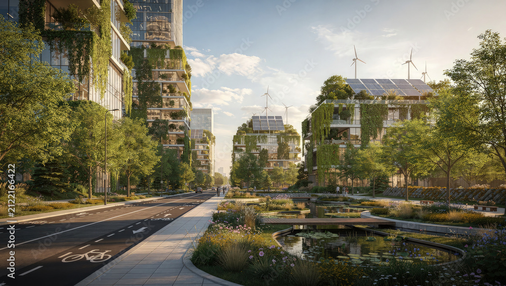 Naklejka premium Future eco city street with vertical forests on buildings, solar panels, and wind turbines for sustainable green living