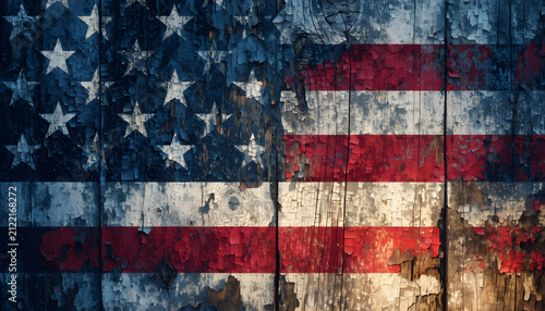 Peeling American flag painted on distressed dark wooden surface. Patriotic background and American heritage independence concept. Distressed USA flag texture on aged wooden planks.