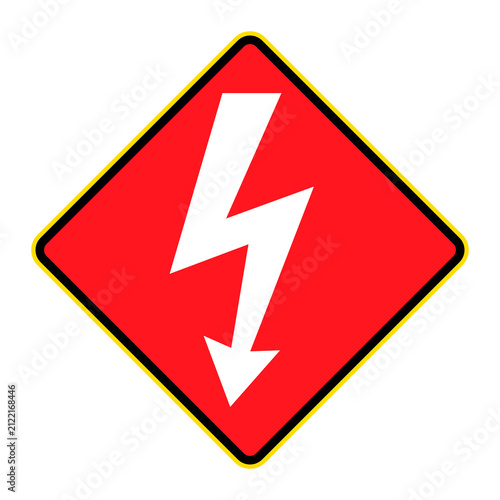 Foto Electrical danger warning sign with white lightning bolt, red diamond symbol for