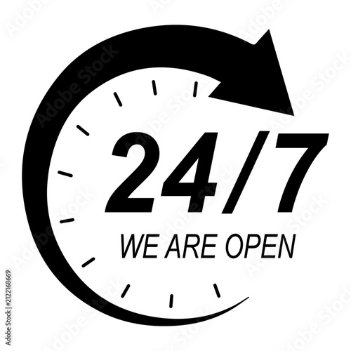 24/7 we are open sign with clock and circular arrow, continuous service availability symbol for business