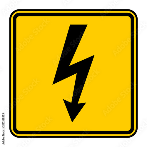 High voltage warning icon with black lightning bolt, rectangular electrical hazard sign in yellow