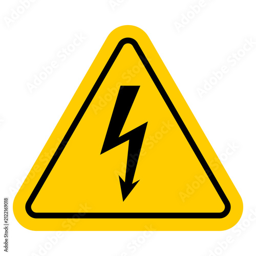 Electrical warning icon with black lightning bolt inside yellow triangular safety sign, bold vector design
