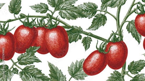 Ripe red plum tomatoes grow on green vines with detailed leaves.