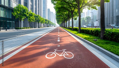 Carril bici urbano rojo con señal de bicicleta y flechas direccionales entre edificios modernos y árboles