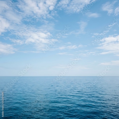 Serene ocean horizon under scattered clouds.