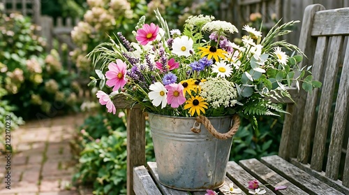 A colorful bouquet of pastel roses, delphiniums, and green foliage displayed in a vintage bucket outside.