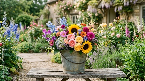A colorful bouquet of pastel roses, delphiniums, and green foliage displayed in a vintage bucket outside.