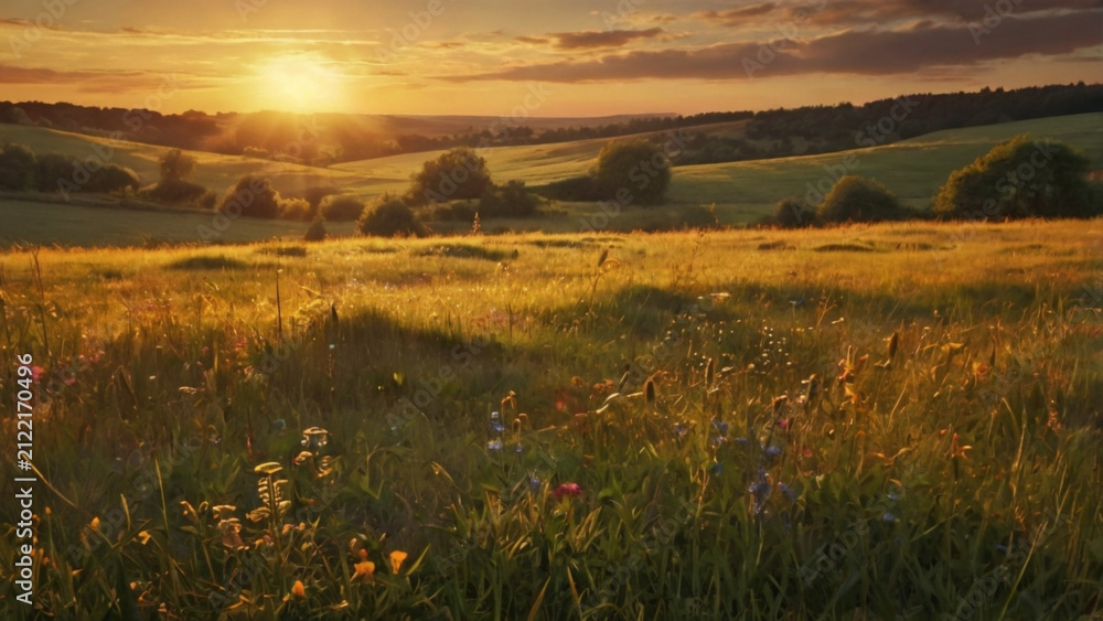 Obraz premium Sunset over the field, during golden hour, with warm, soft sunlight grazing over the grass and wildflowers, making it a realistic and inviting nature wallpaper.