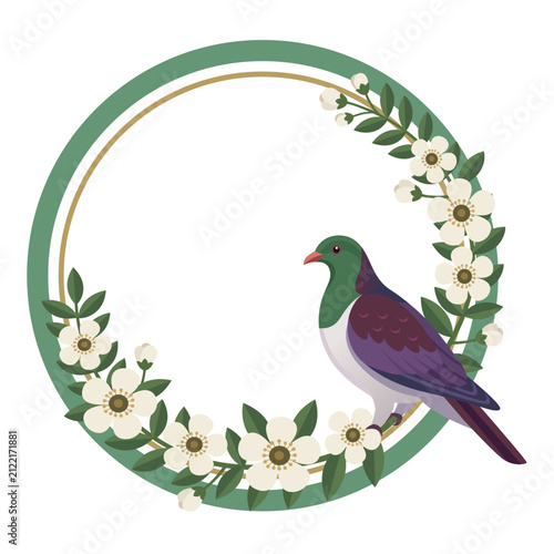 New Zealand Kereru Bird Floral Wreath Frame Illustration