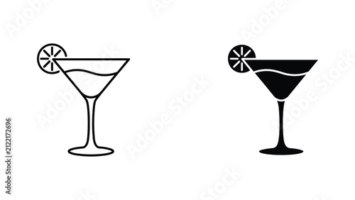 Martini glass icon with lemon slice garnish in outline and solid black style for bar menu