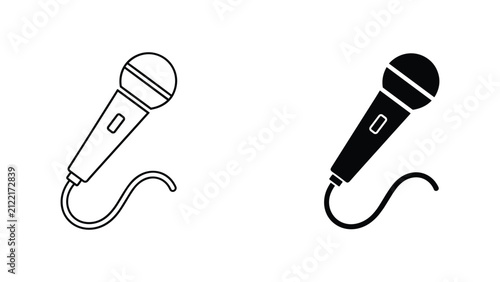 Professional handheld vocal microphone with cable in clean outline and solid black icon illustration
