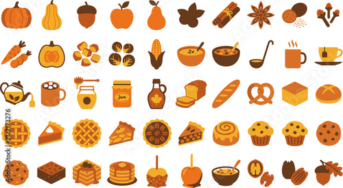 Autumn Leaves Vector Icon Set with Decorative Seasonal Symbols, Cartoon Nature Elements and Creative Botanical Illustration Collection for Design Projects