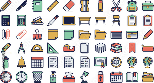 School Icons Vector Set with Educational Symbols, Technology Elements, Seamless Pattern Design and Creative Illustration Collection for Web, Mobile and Digital Projects