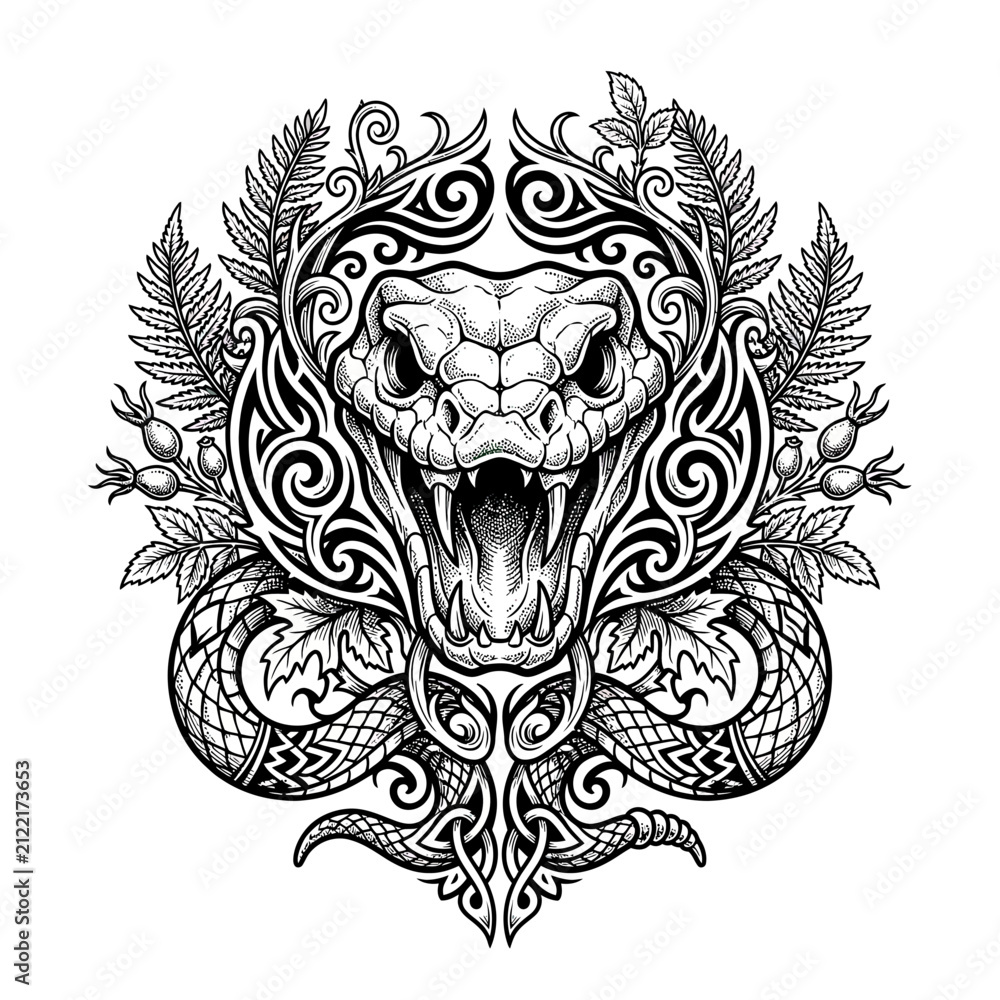 Fototapeta premium Fierce Snake Head with Ornate Tribal Patterns