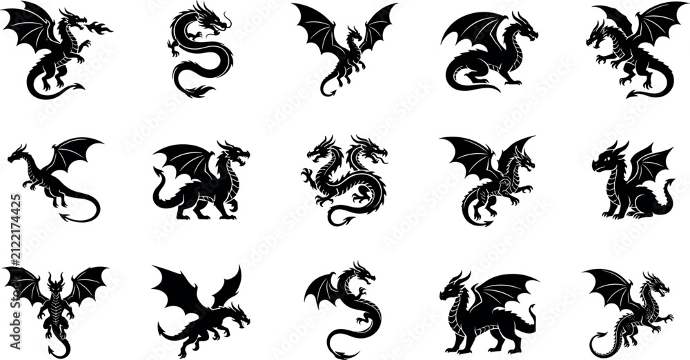 Fototapeta premium Collection of black dragon silhouettes in various poses