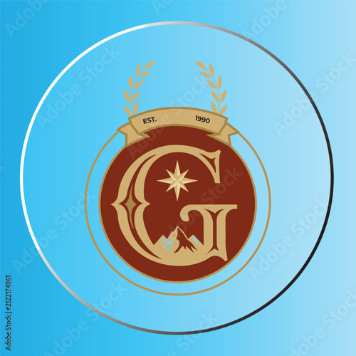 Vintage Letter G Crest Logo Design with Mountain, Compass Star, and Est. 1990 Banner