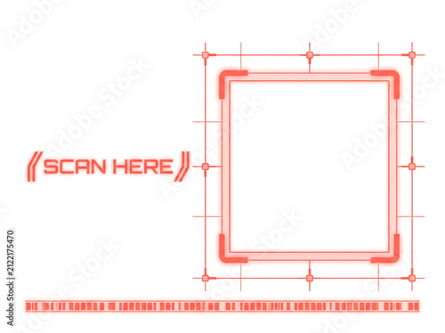 futuristic QR scanner UI, Red sci-fi scan here frame hud interface element