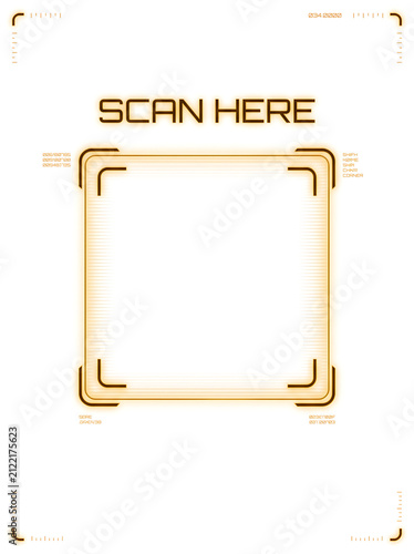 futuristic QR scanner UI, Futuristic orange HUD scanner frame with text and data elements