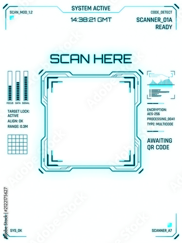 futuristic QR scanner UI, Futuristic digital scanner interface with glowing blue targeting frame