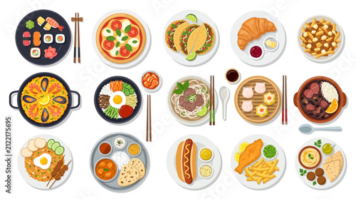 Diverse traditional foods from world cuisines vector illustration set featuring sushi pizza tacos ramen and various international dishes on white